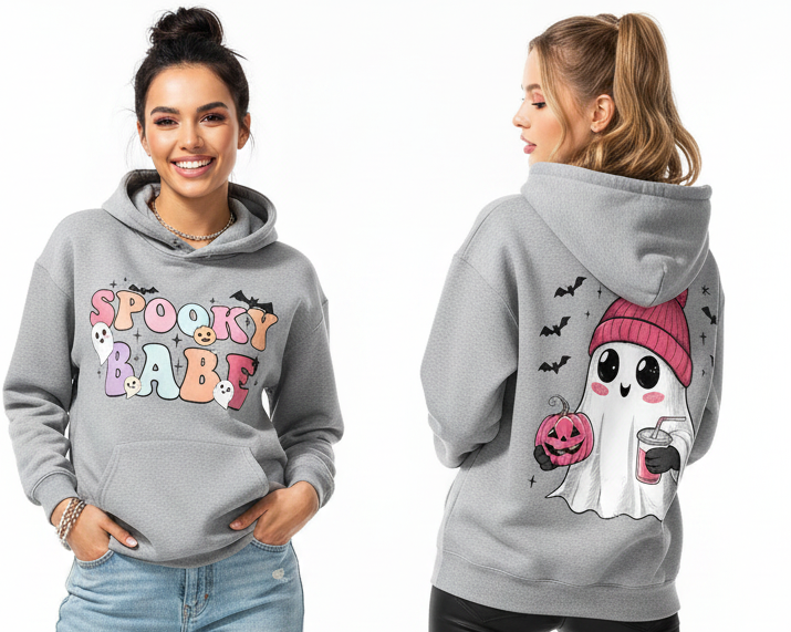 Spooky Babe Cute Ghost Kangaroo Pocket Oversized Halloween Pullover Hoodie