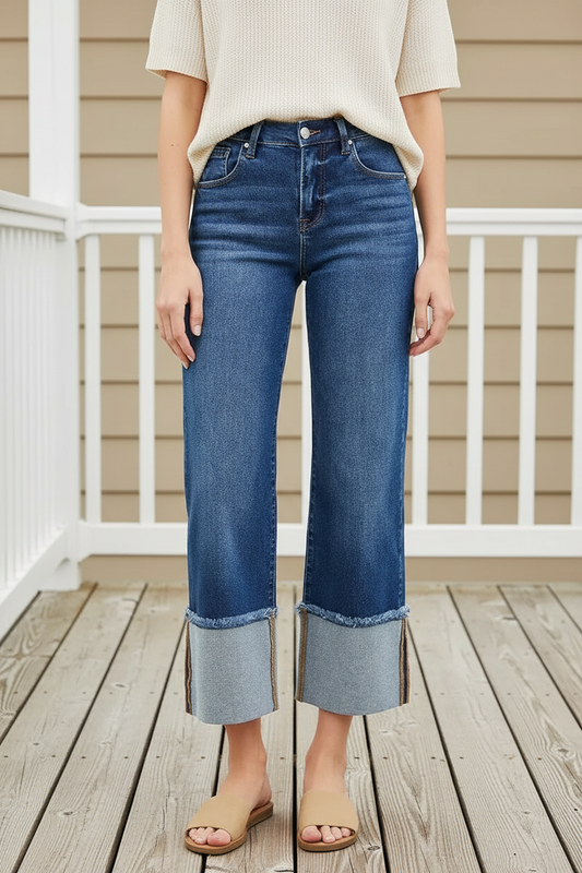 Risen Mid-Rise Cropped Wide Leg Jeans Dramatic Cuffed Raw Hem Denim Pants Plus Size Available