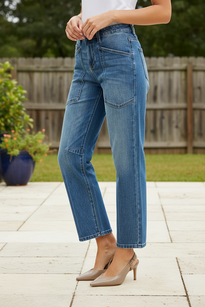 Risen 4-Way Stretch Mid Rise Tapered Barrel Crop Jeans Retro 70s Patch Pockets