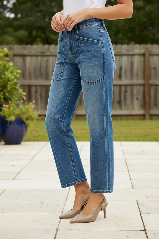 Risen 4-Way Stretch Mid Rise Tapered Barrel Crop Jeans Retro 70s Patch Pockets