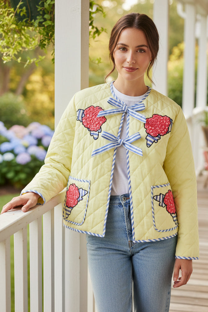 Embroidered Floral Bow Tie-Front Diamond Quilted Patch Pocket Boxy Jacket