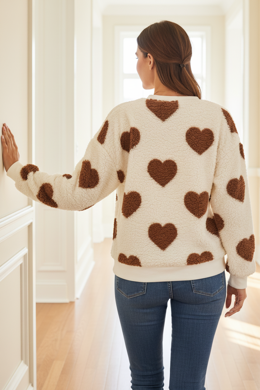 Fuzzy Teddy Sherpa Contrast Heart Crew Neck Top Long Sleeve Pullover Sweatshirt