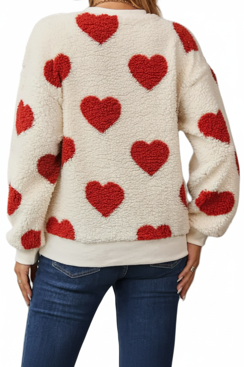 Fuzzy Teddy Sherpa Contrast Heart Crew Neck Top Long Sleeve Pullover Sweatshirt