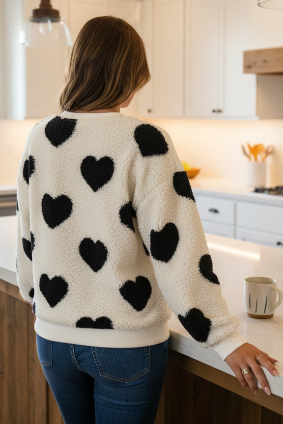 Fuzzy Teddy Sherpa Contrast Heart Crew Neck Top Long Sleeve Pullover Sweatshirt