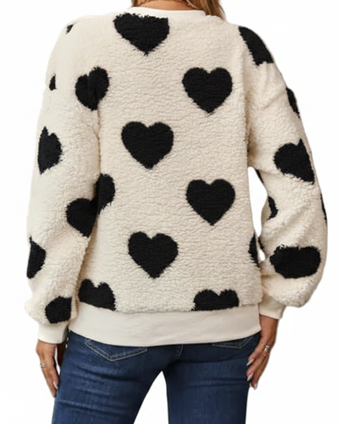 Fuzzy Teddy Sherpa Contrast Heart Crew Neck Top Long Sleeve Pullover Sweatshirt
