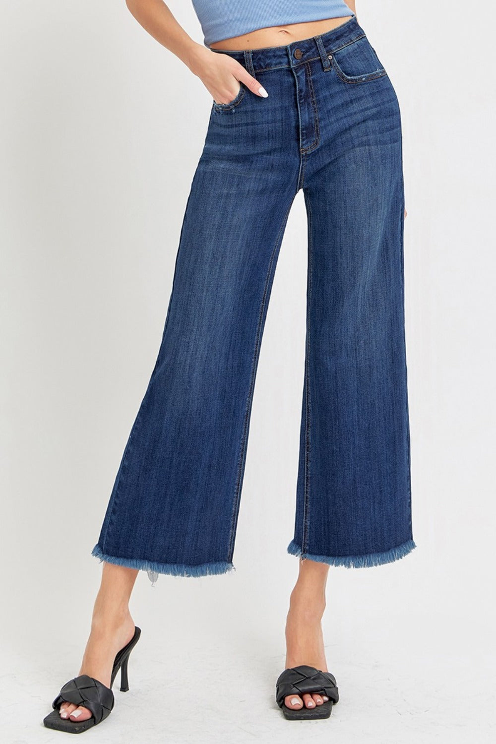 High-Rise Denim Jeans Wide Leg Cropped Raw Frayed Hem Retro Pants RISEN