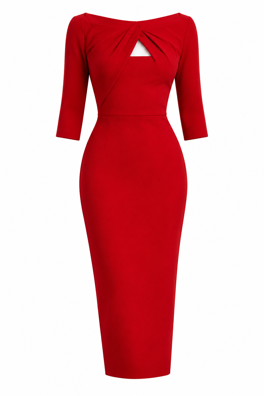 Twisted Front Cutout Wide Boat Neck Bodycon Midi Dress Three Quarter Sleeve