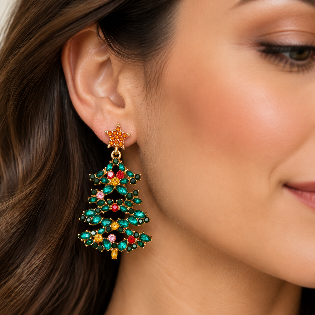 18K Gold Plated Rhinestone Christmas Tree Dangle Earrings Star Holiday Jewelry