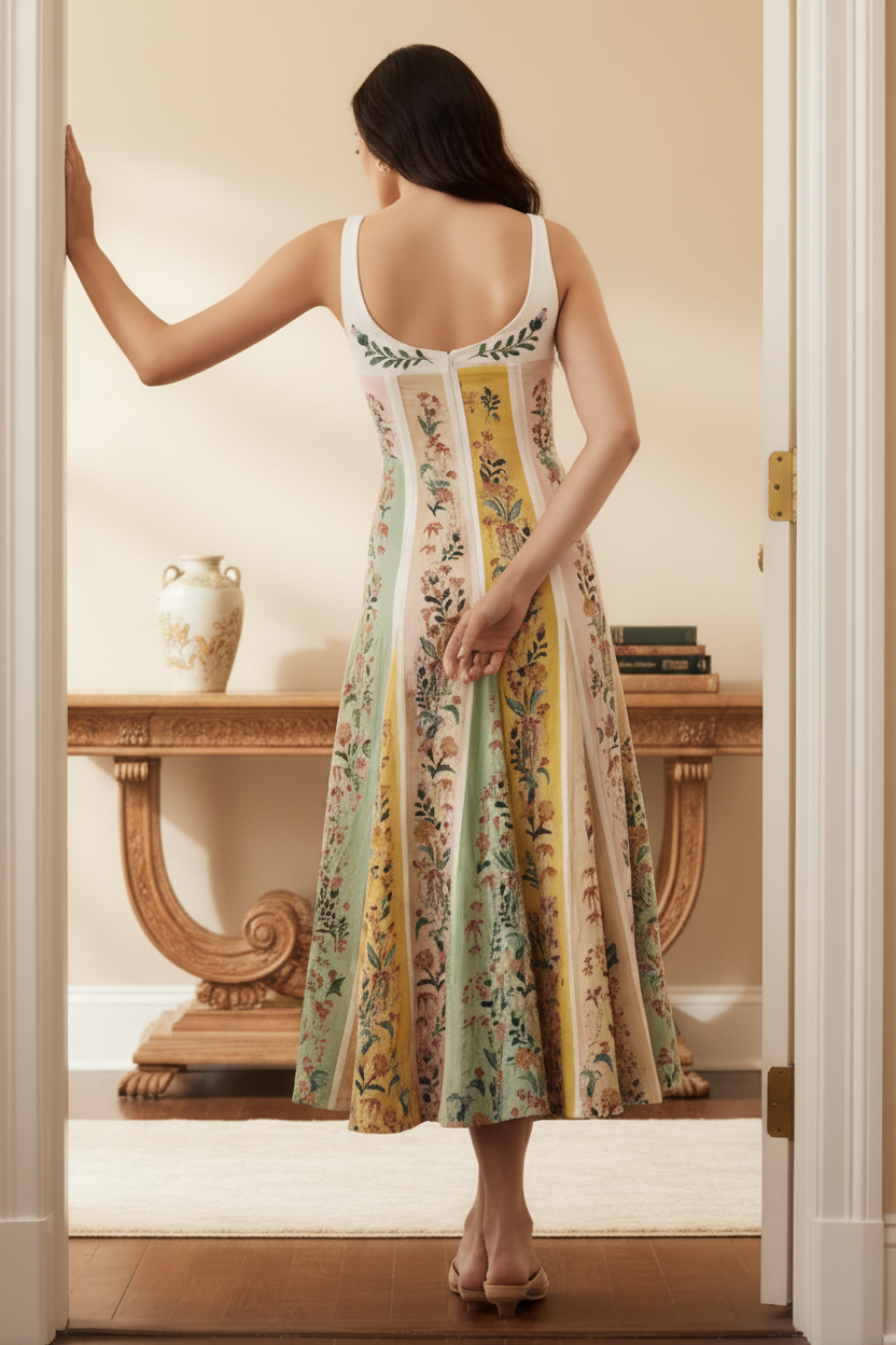 Cotton Blend Retro Floral Panel Boho Sweetheart Neck Panel Patchwork Maxi Dress