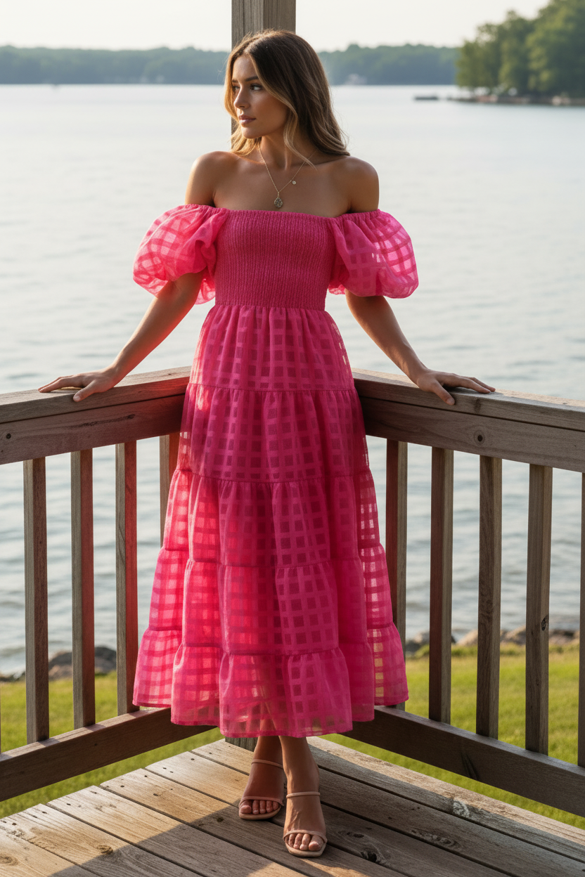 Off Shoulder Short Puff Sleeve Elastic Smocked Bodice Tiered A-line Midi Dress