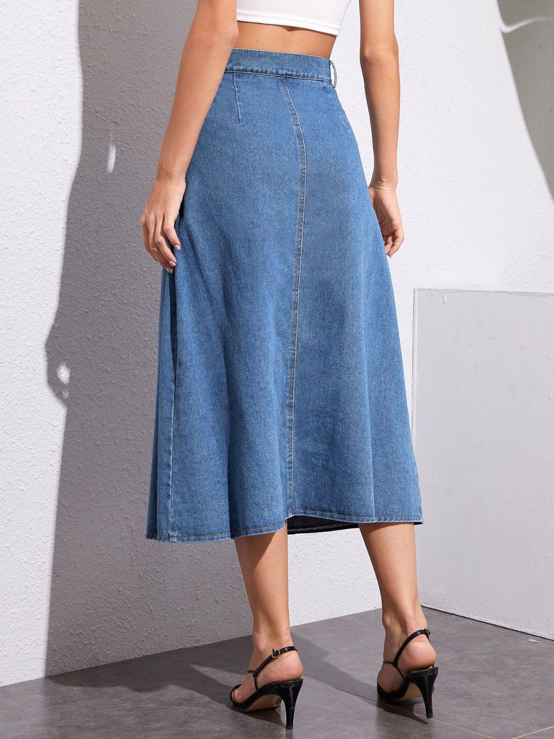 Button Front High-Rise Midi Retro Flare A-line Poque Blue Jean Denim Skirt Pockets