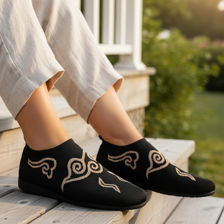Grecian Scroll Swirl Knit Round Toe Ballet Flats Artsy Breathable Classy Slip-On Shoes