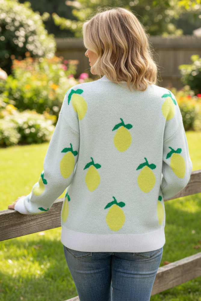 Lemon Intarsia Fruit Knit Crew Neck Long Sleeve Top Ribbed Trim Pullover Sweater