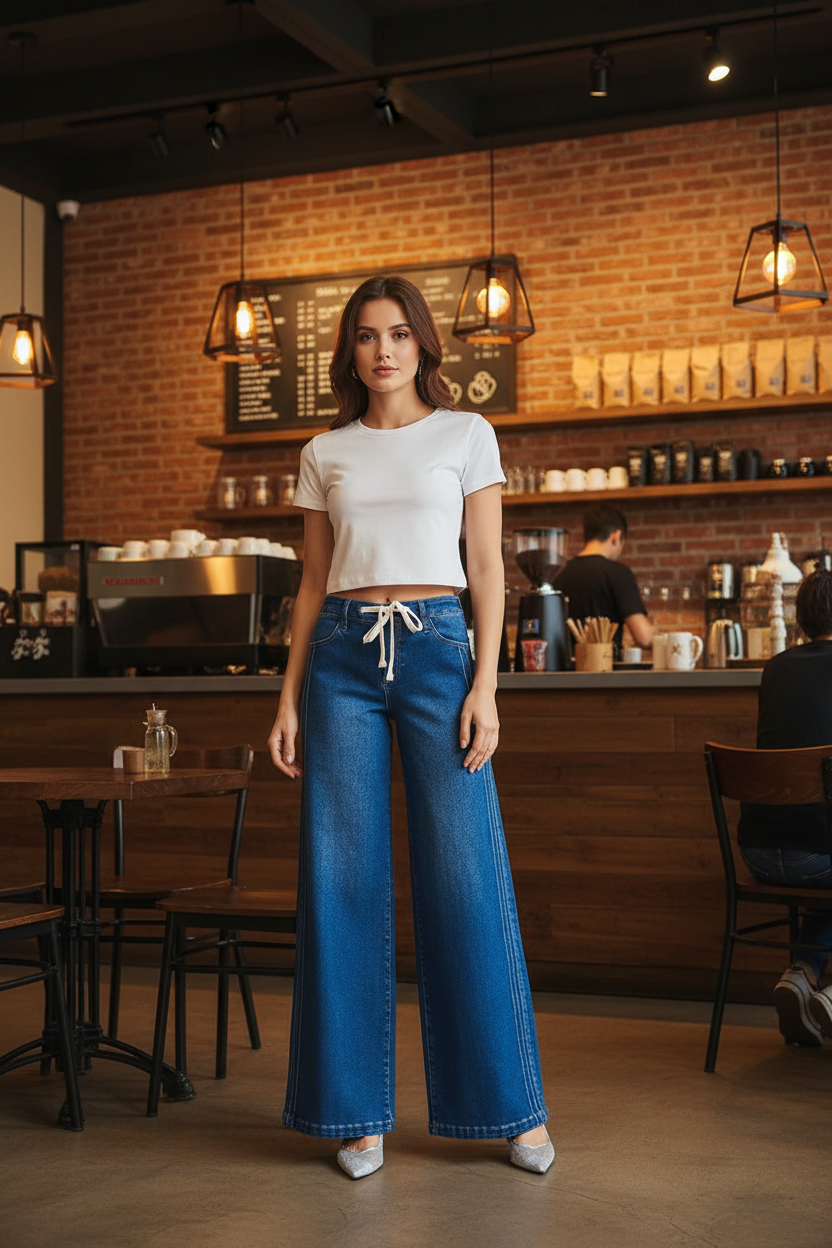 Risen Mid Rise Wide Leg Side Pintuck Jeans Drawstring Waist Baggy Relaxed Fit Plus Size Available