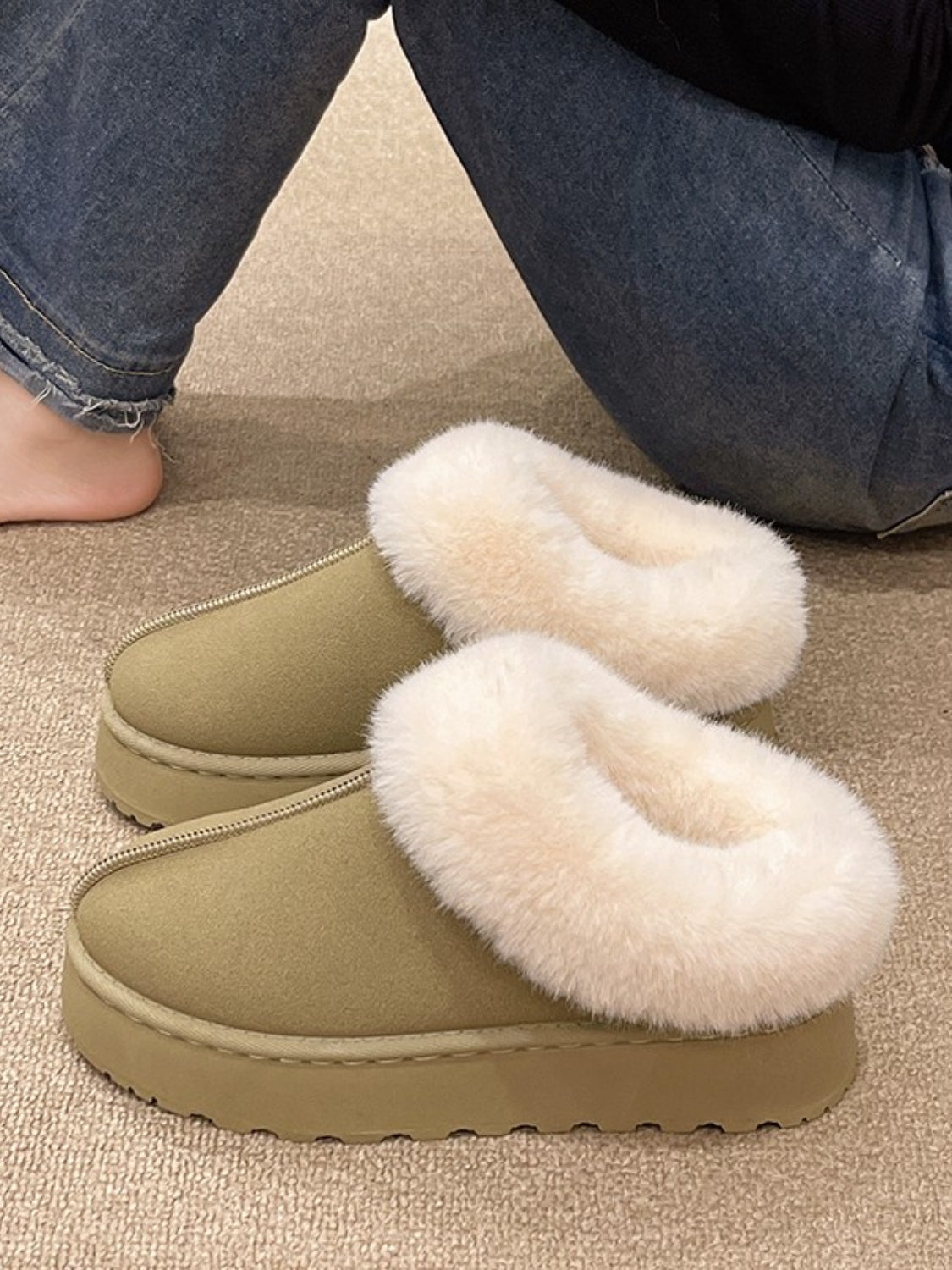 Platform Slippers Tazzette Plush Faux Fur Collar Slip-on Vegan Suede Winter Shoes