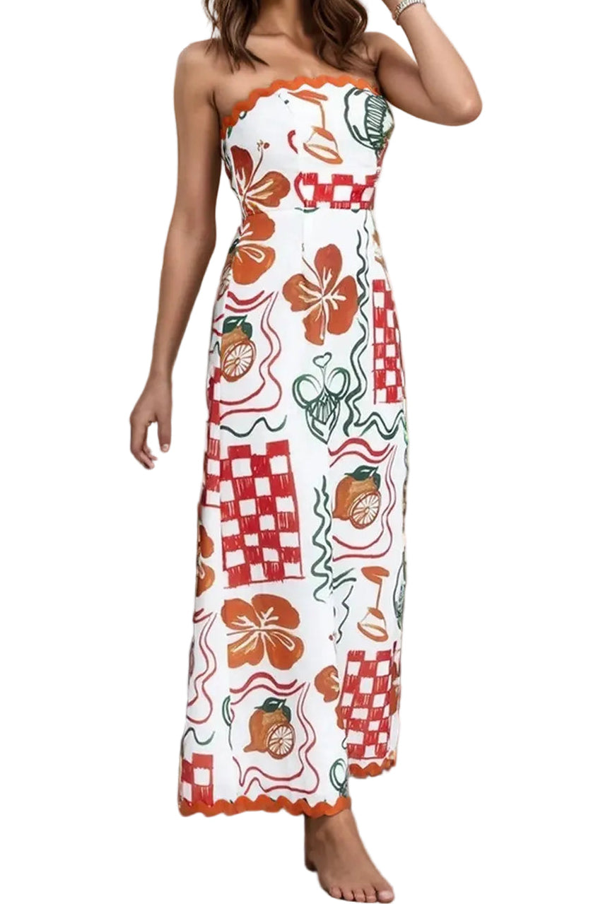 Tropical Artsey Strapless Rick Rack Wave Trim Smocked Back Maxi Dress