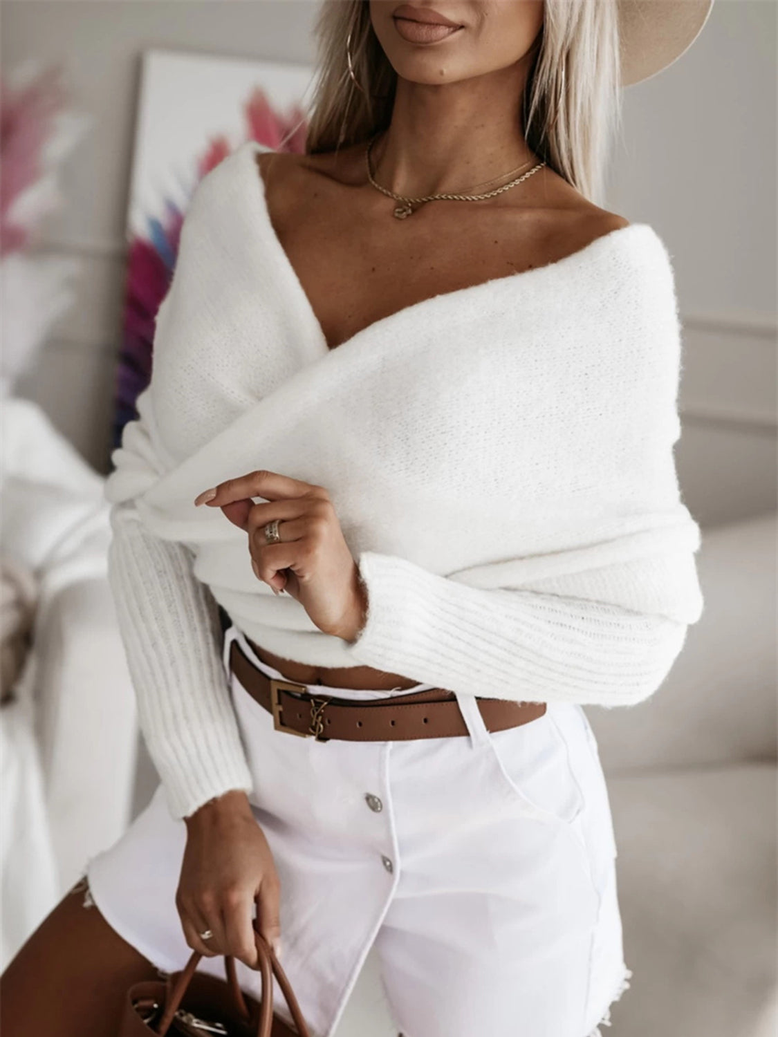 Twisted Knit Wrap Crop Top Bardot Off-shoulder Ribbed Long Sleeve Soft Sweater Shirt