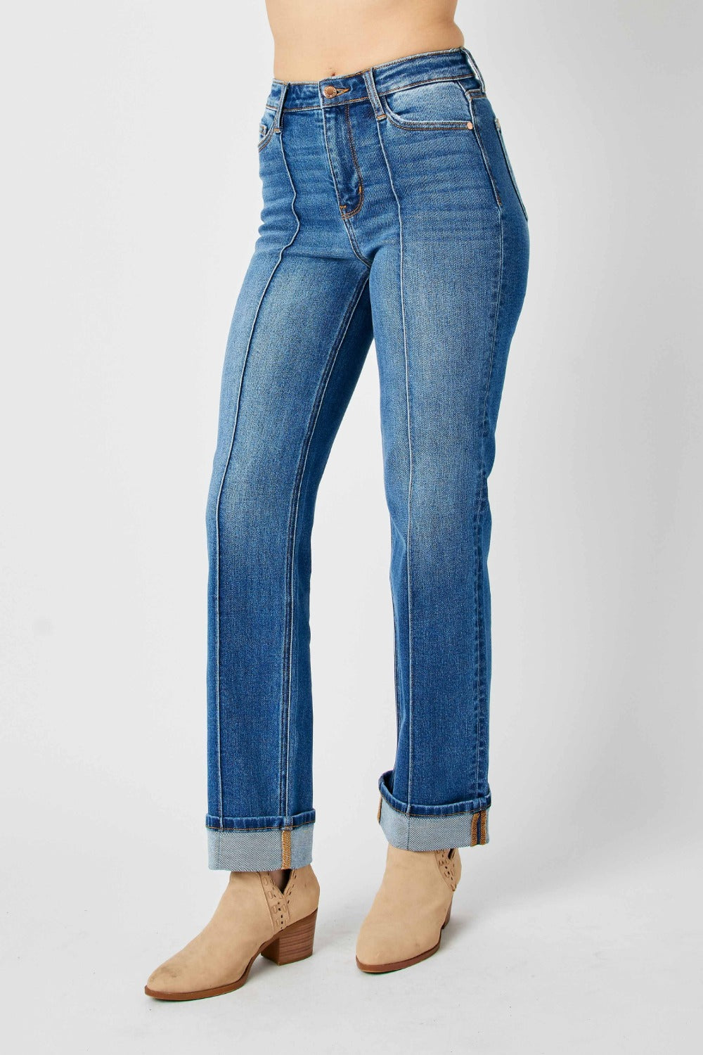 High-Rise Exposed Seam Straight Leg Jeans Dark Denim Pants Judy Blue