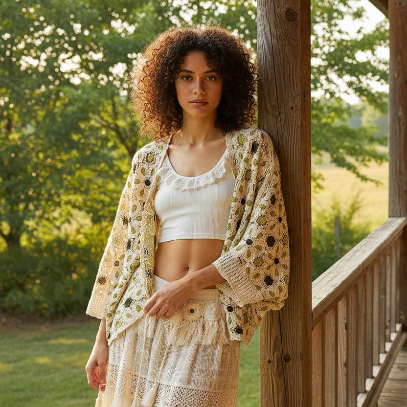POL Floral Crochet Batwing Cardigan Baggy Open Front Boho Granny Openwork Knit Green