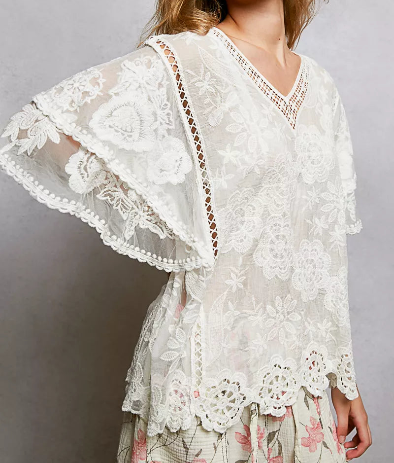 POL Floral Embroidered Flutter Sleeve Blouse Crochet Scalloped Hem Eyelet Lace Top Off-white