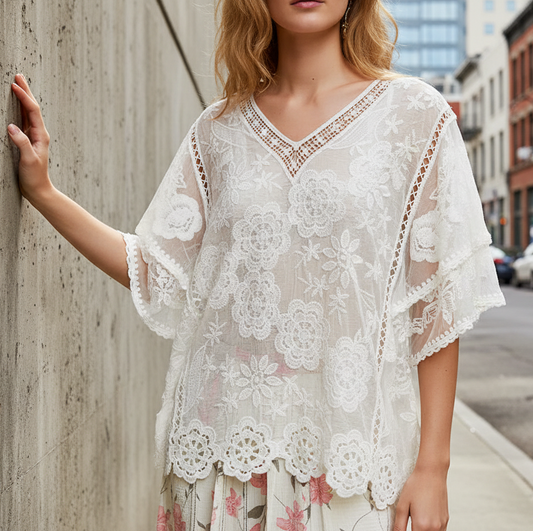 POL Floral Embroidered Flutter Sleeve Blouse Crochet Scalloped Hem Eyelet Lace Top Off-white