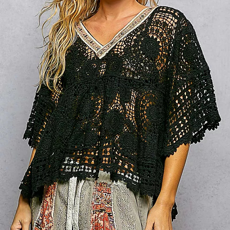 POL Beaded Contrasting V-Neck Top Openwork Granny Crochet Scalloped Hem Blouse Black