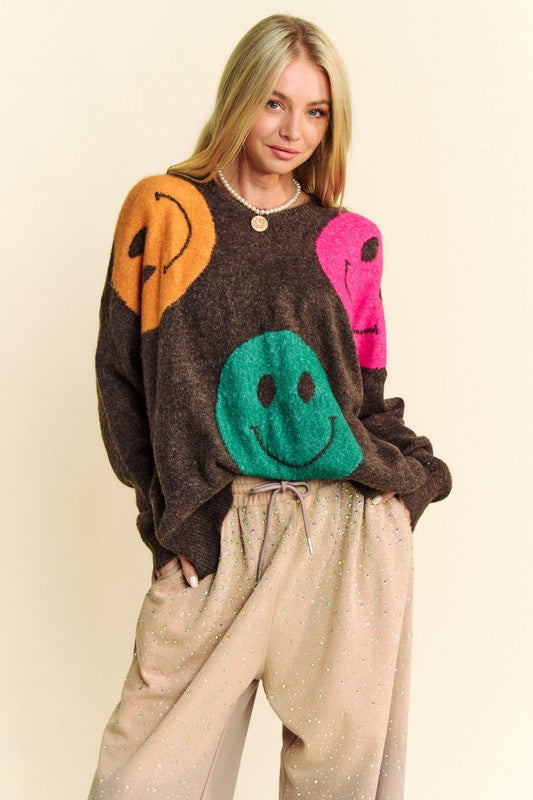 DAVI & DANI Knit Smiley Face Contrast Long Sleeve Oversized Pullover Sweater Top