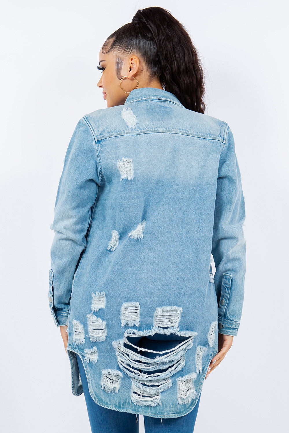 American Bazi Torn Distressed Hole Oversized Shacket Cotton Denim Jean Jacket Light Blue