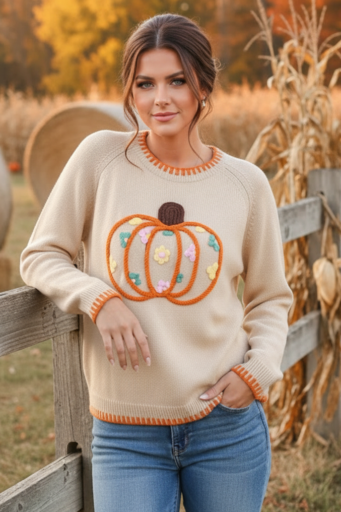 Embroidered Floral Crochet Pumpkin Long Sleeve Round Neck Sweater