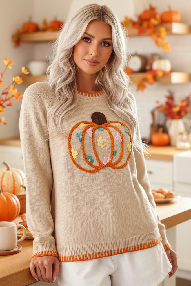 Embroidered Floral Crochet Pumpkin Long Sleeve Round Neck Sweater