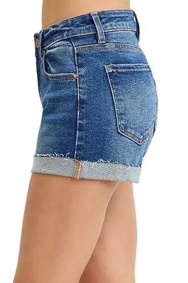 Risen Low-Rise Waist Relaxed Fit Cuffed Raw Hem Classic Denim Jean Shorts
