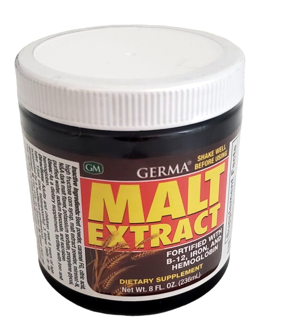 Germa Malt Extract Supplement Fortified with B12 Iron Hemoglobin 8 oz container