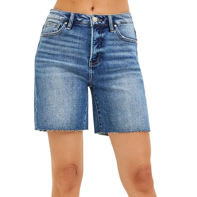 Risen Tummy Control High-Rise Weekend Mid-Length Raw Hem Denim Jean Shorts
