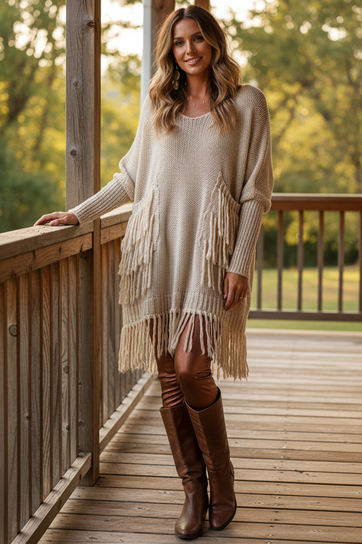 Dramatic Fringe Patch Pockets Long Sleeve Baggy Oversized Sweater