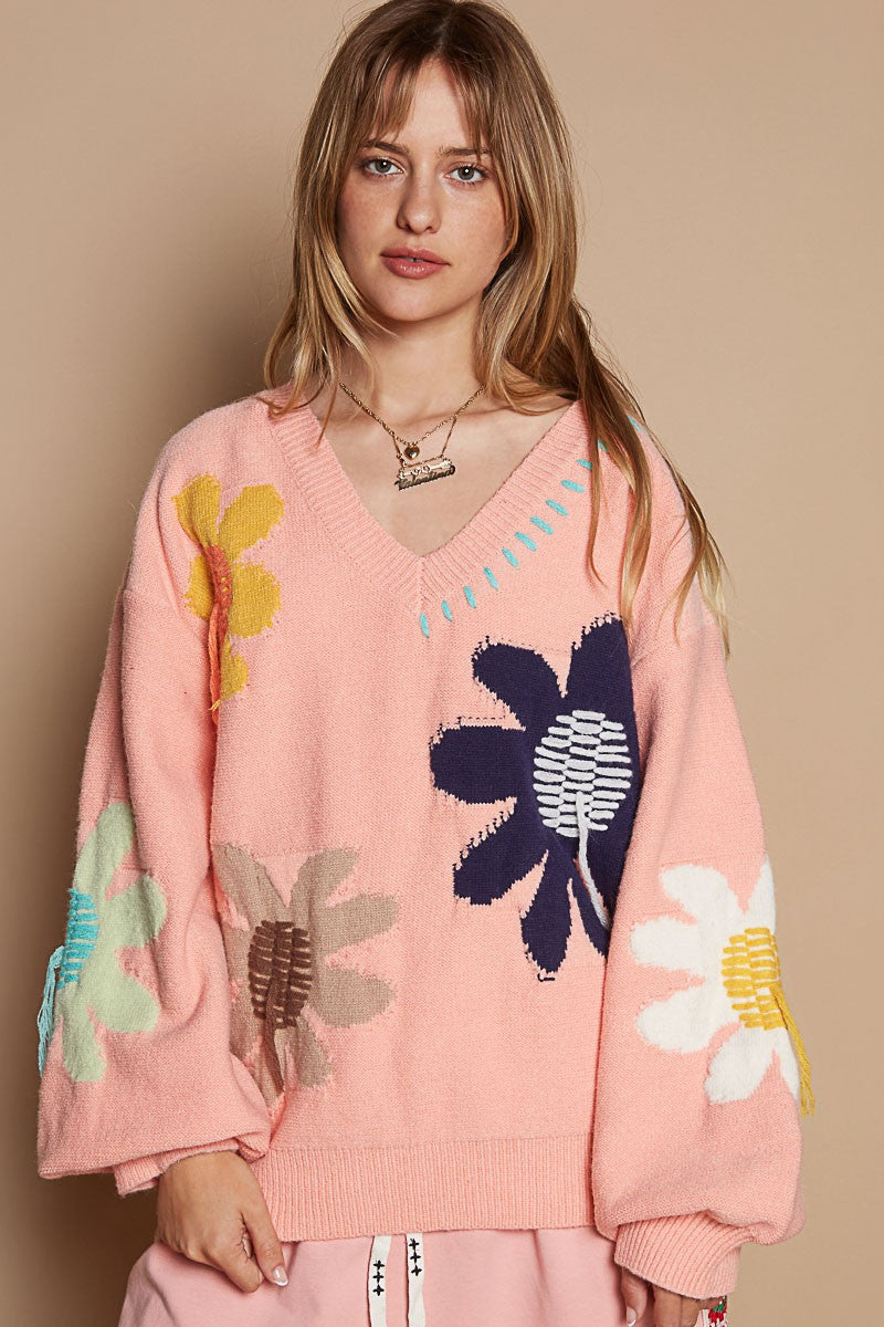 POL Daisy Fringe Retro Contrast Flower Top Embroidered Pullover Knit Sweater