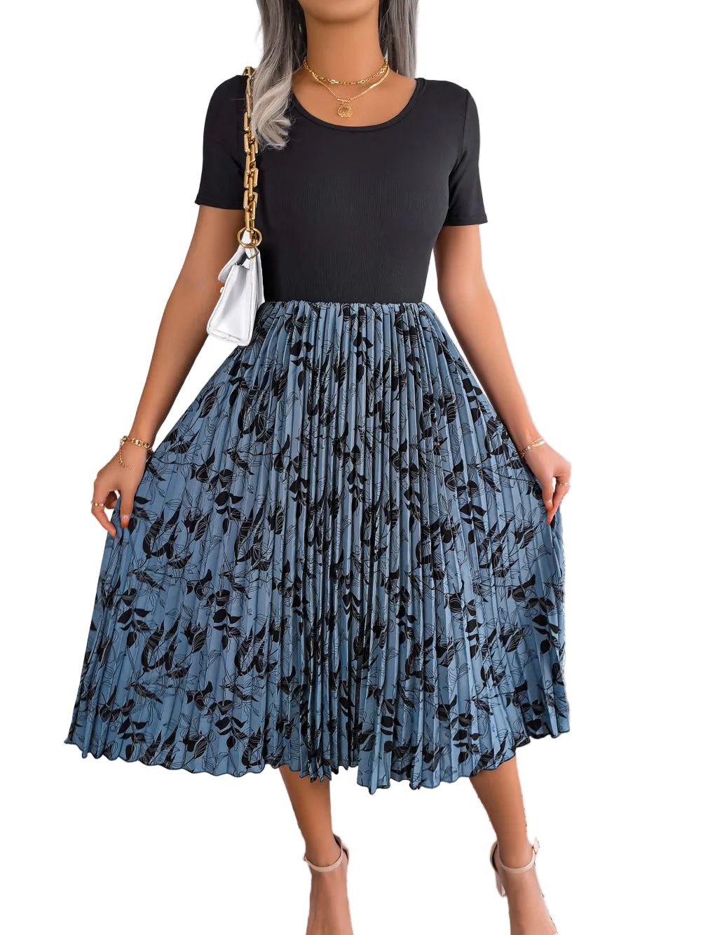 Floral Accordion Pleated Midi Dress Round Neck Short Sleeve Flowing Colorblock A-Line