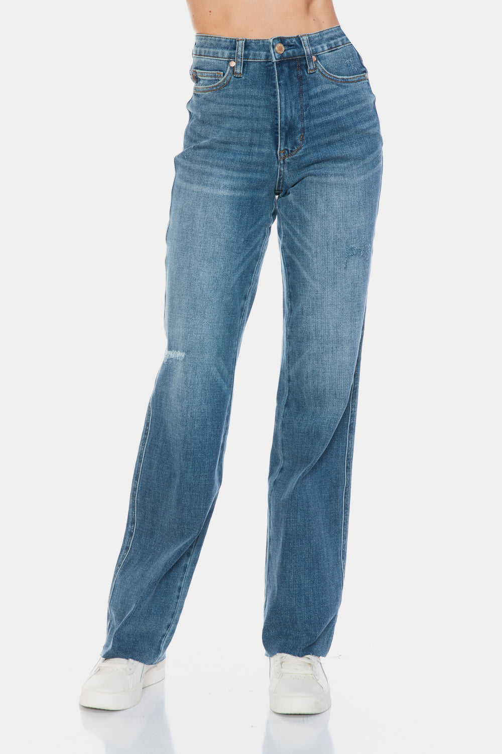 Judy Blue Tummy Control High-Rise Boyfriend Jeans Straight Leg Raw Denim Pants