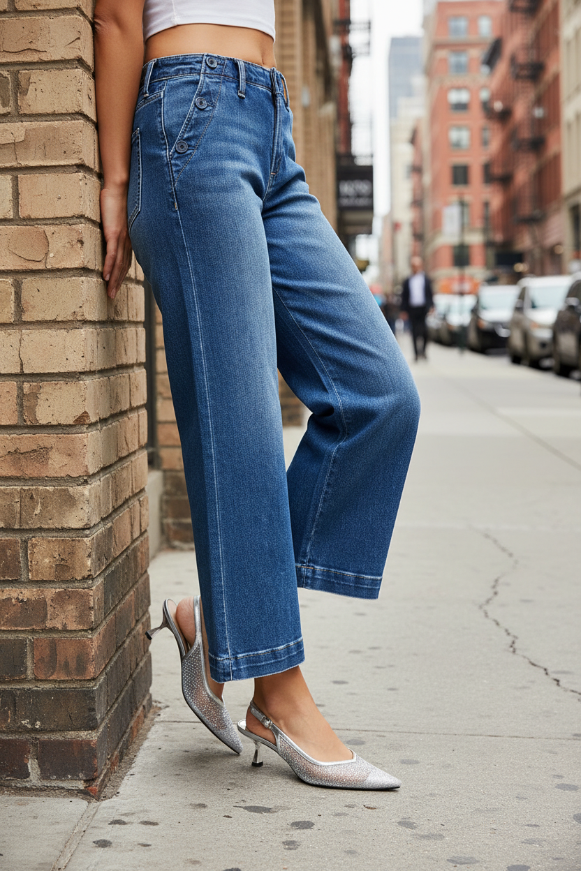 Risen High Rise Wide Leg Jeans Button Slit Pockets Denim Pants Ankle Crop Jeans