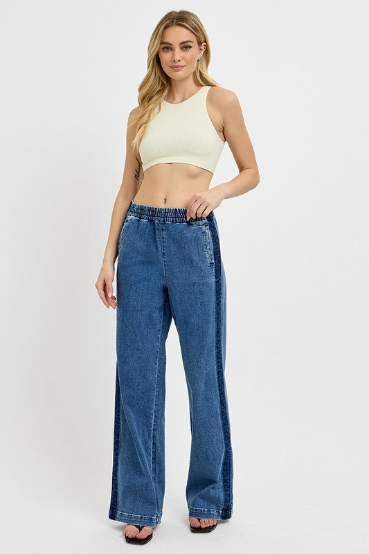 RISEN Retro Elastic Waist High-Rise Mom Jeans Relaxed Wide Leg Denim Pants