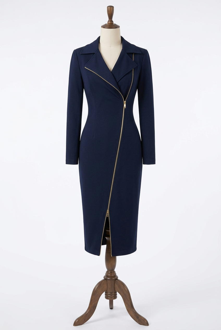 Asymmetrical Zip Front Blazer Dress Notched Lapel Long Sleeve Fitted Midi