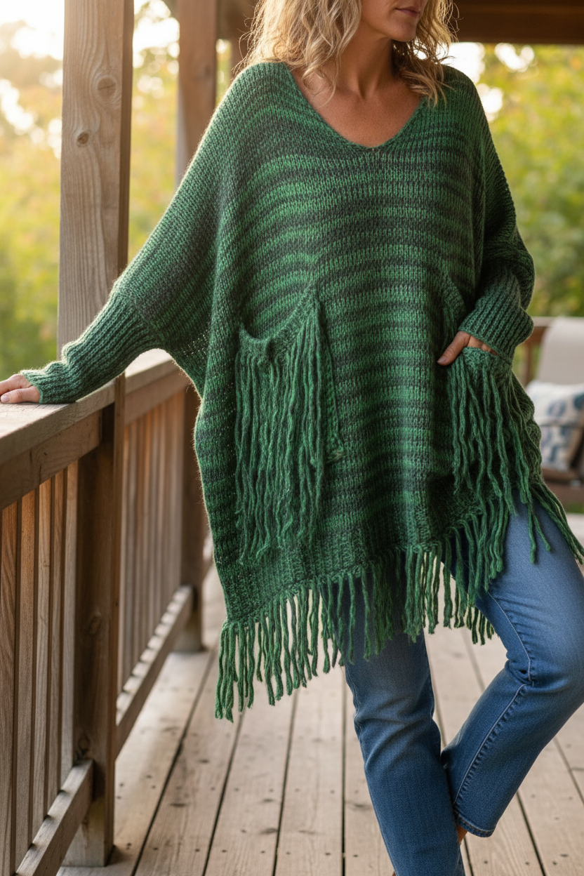 Dramatic Fringe Patch Pockets Long Sleeve Baggy Oversized Sweater