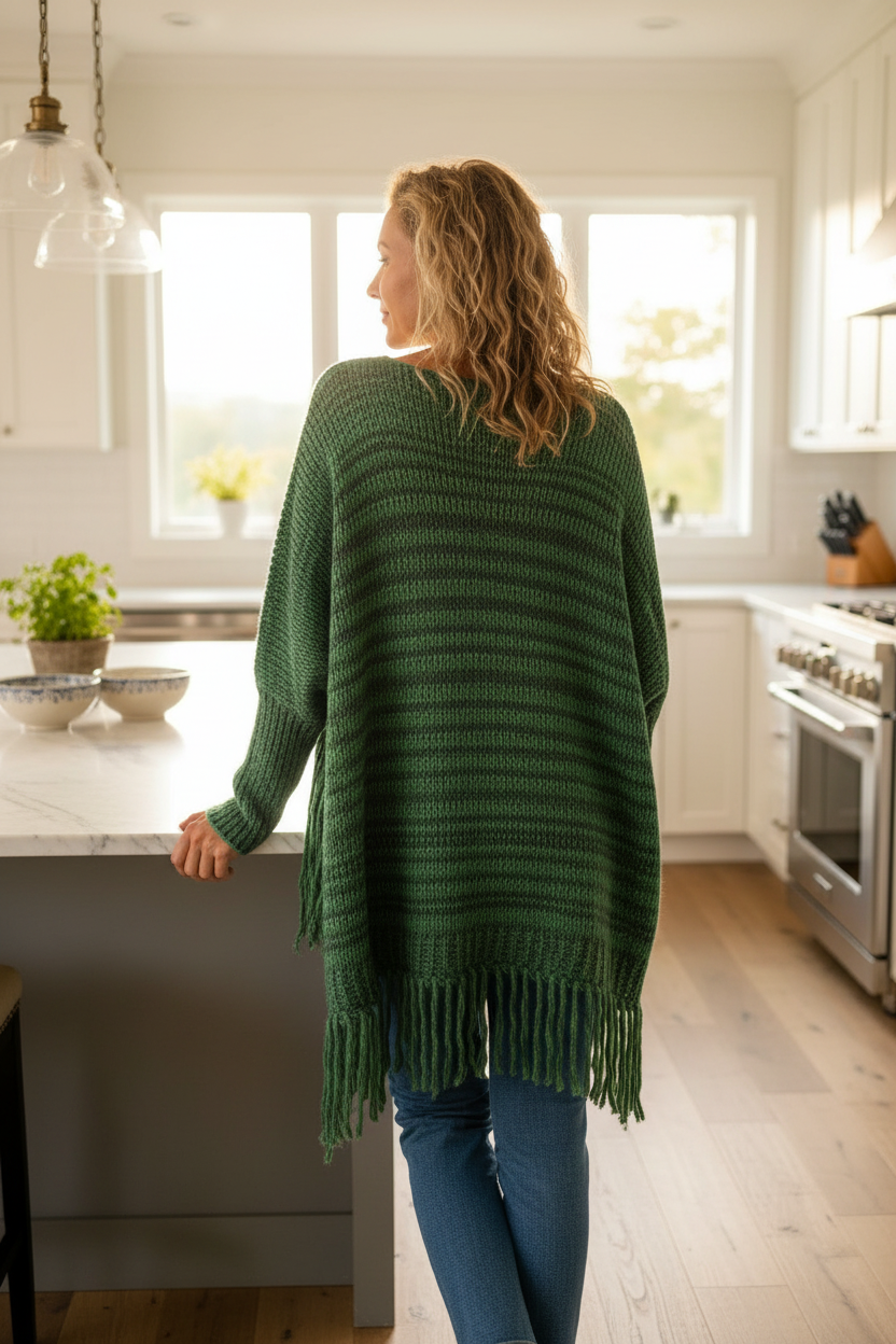 Dramatic Fringe Patch Pockets Long Sleeve Baggy Oversized Sweater