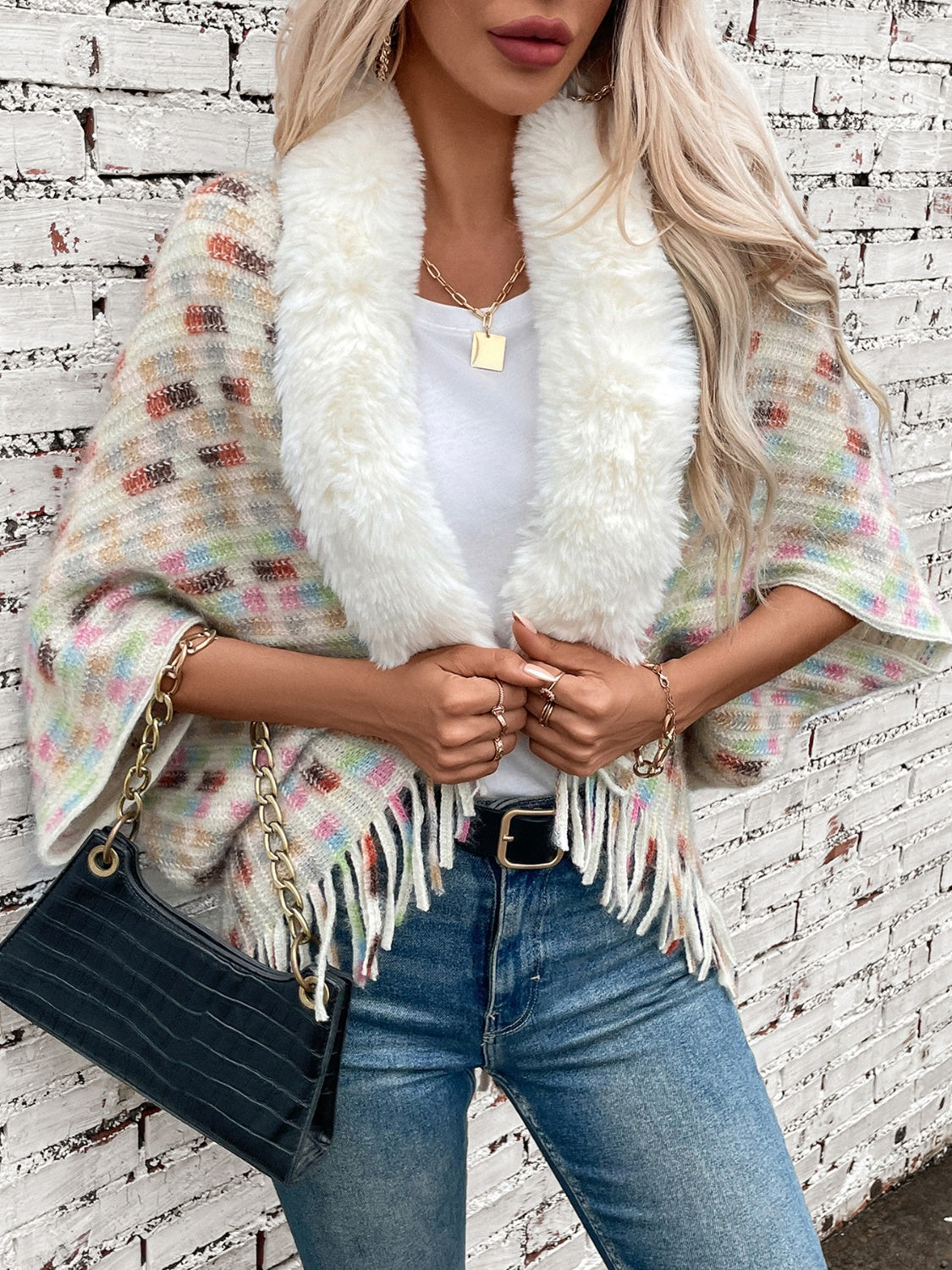 Plush Faux Fur Retro Fringe Hem Open Front Oversized Poncho Knit Cardigan