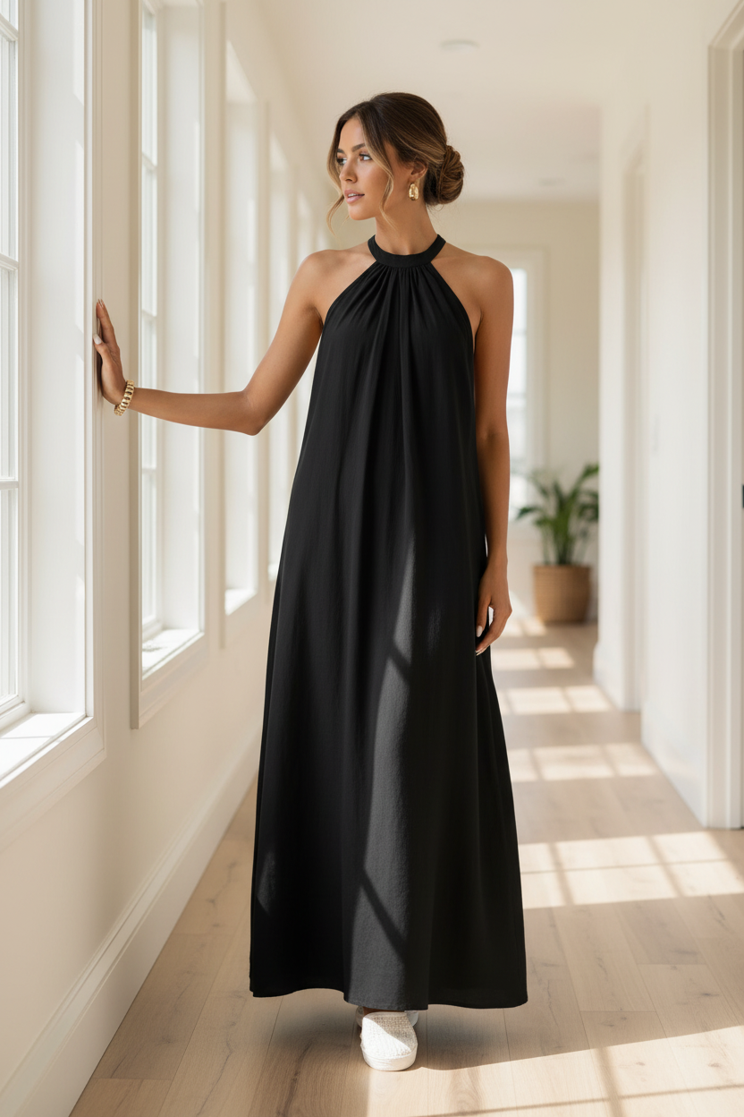 Pleated High Neck Halter Backless Relaxed Fit Drape Sleeveless Maxi Dress