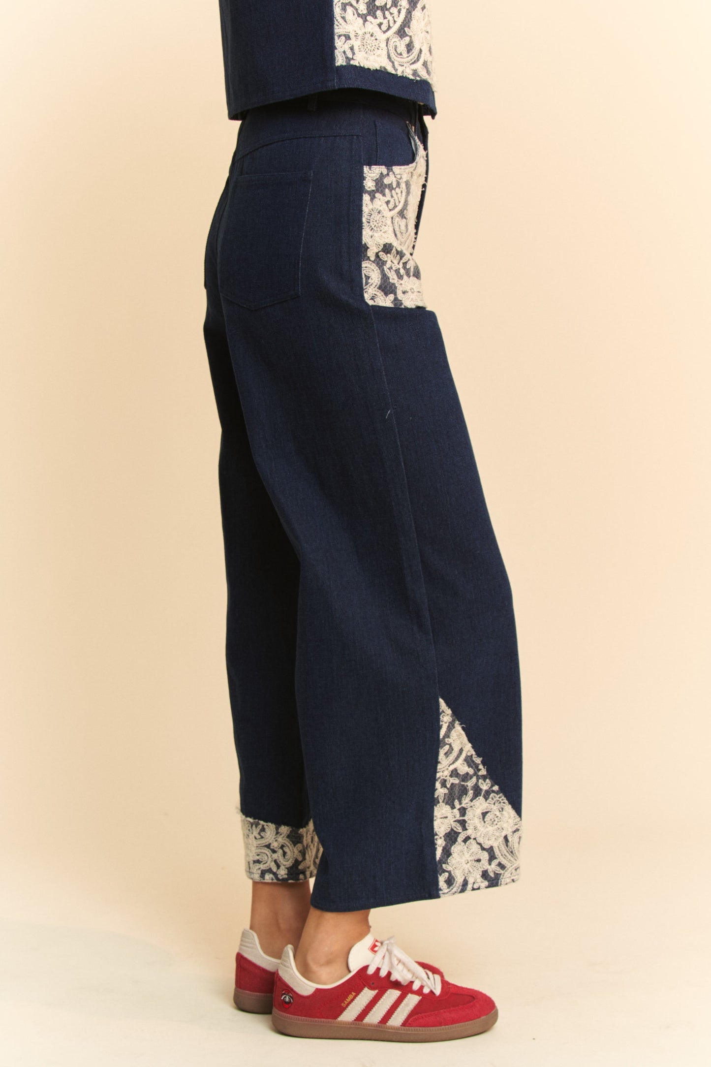 DAVI & DANI Jeans Lace Cargo Patchwork High-Rise Relaxed Wide Leg Denim Pants