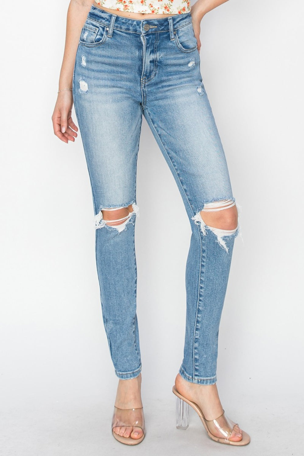 RISEN Skinny High-Rise Distressed Torn Knee Jeans Slim Denim Pants