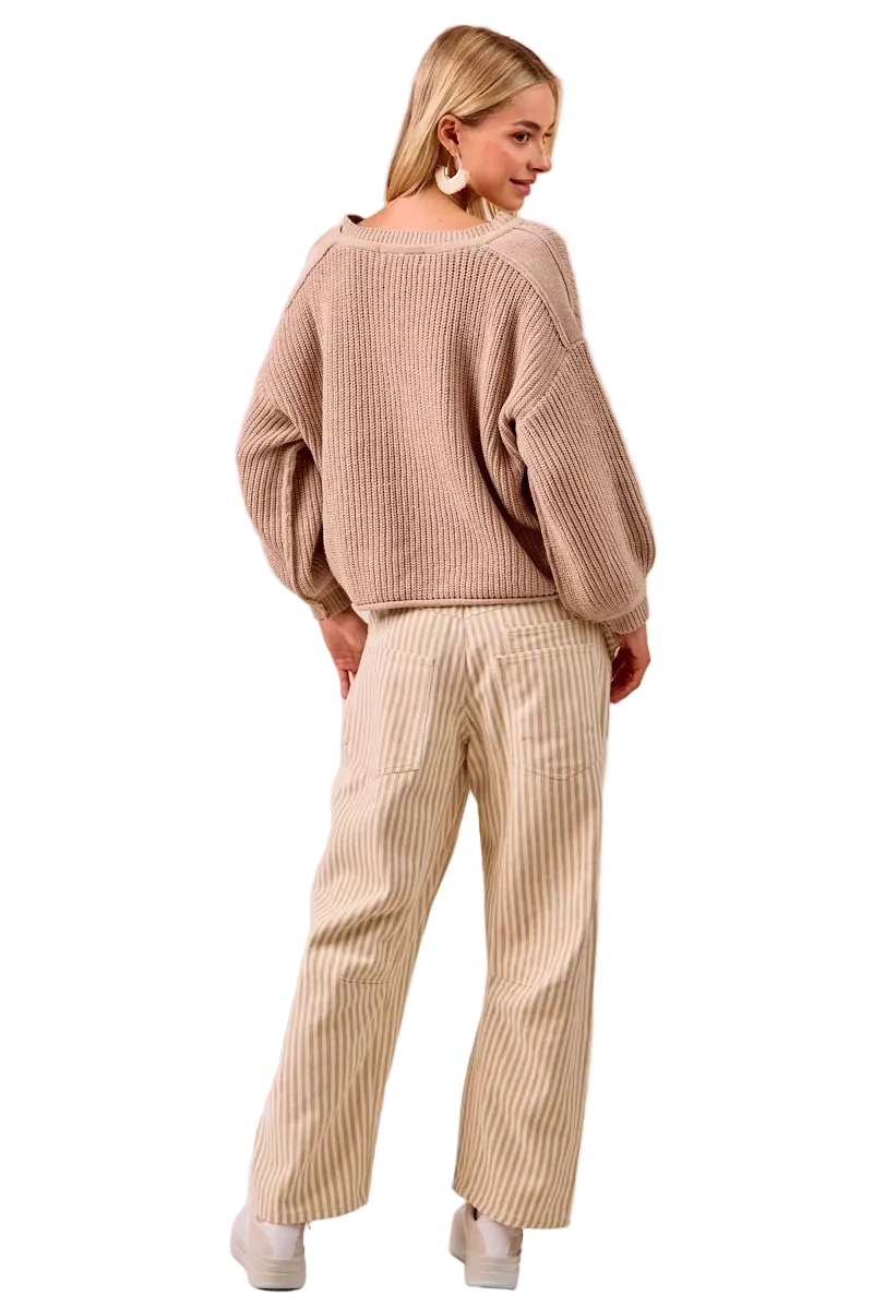 BiBi Barrel Leg Drawstring Waist Retro Patchwork Stripe Cotton Twill Baggy Tapered Pants Oatmeal Tan