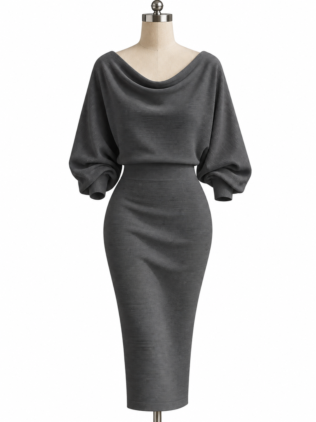 Knit Cotton Blend Ribbed Cowl Neck Bodycon Midi Sweater Dress Dolman Sleeve