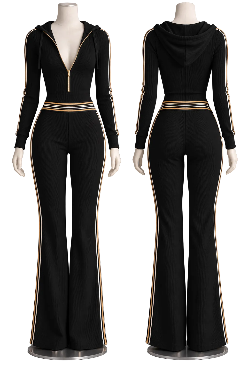 Ribbed Hooded Jumpsuit Half Zip Long Sleeve Striped Flare Leg One Piece Outfit