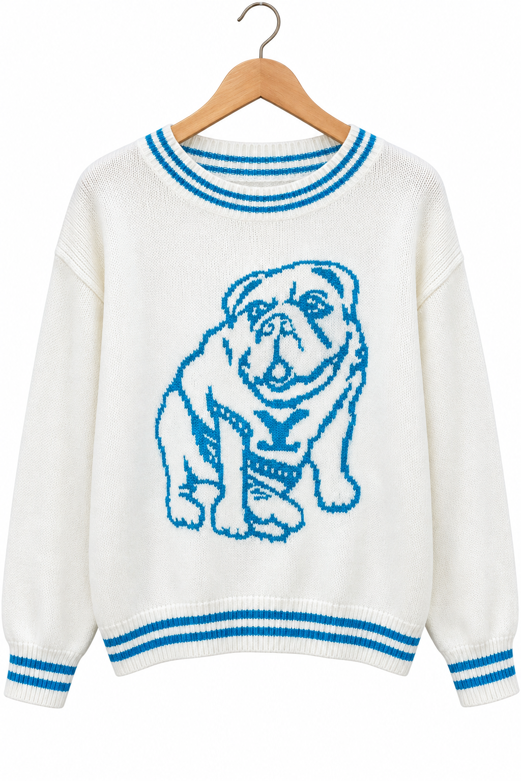 Bulldog Graphic Crew Neck Knit Sweater Varsity Stripe Top Long Sleeve Dog Pullover